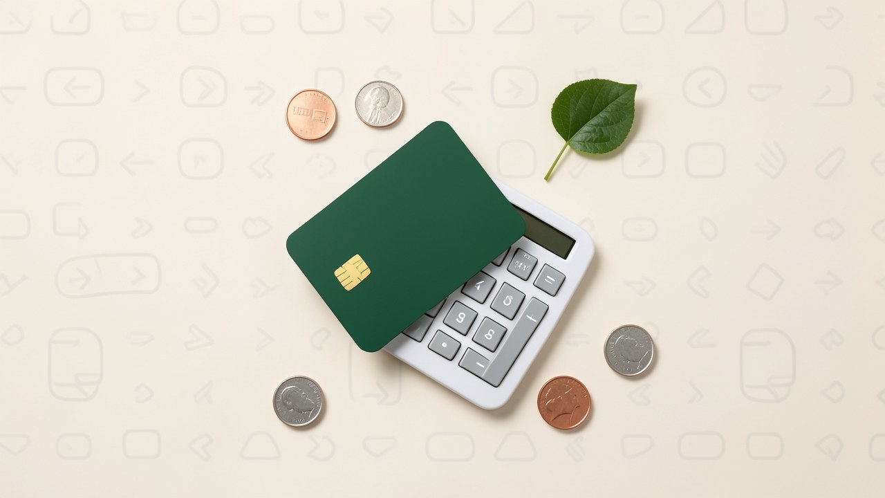 A calm flat lay of a credit card, a small calculator, and a few loose coins on a warm off-white surface, with soft shadows and a subtle stepping-stones pattern in the background.