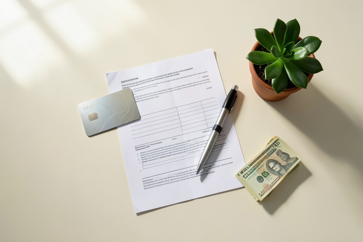 A neatly arranged assortment of different financial instruments on a clean desk, including a credit card, a paper payday loan document, and a small stack of bills, with a pen and
