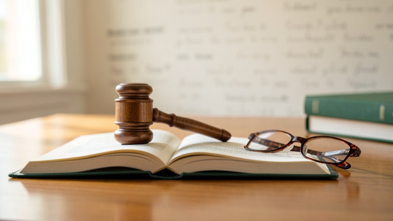 An open law book with a small gavel and a pair of glasses on top, set against a clean, soft-focus background, evoking a sense of legal structure and consumer protection.
