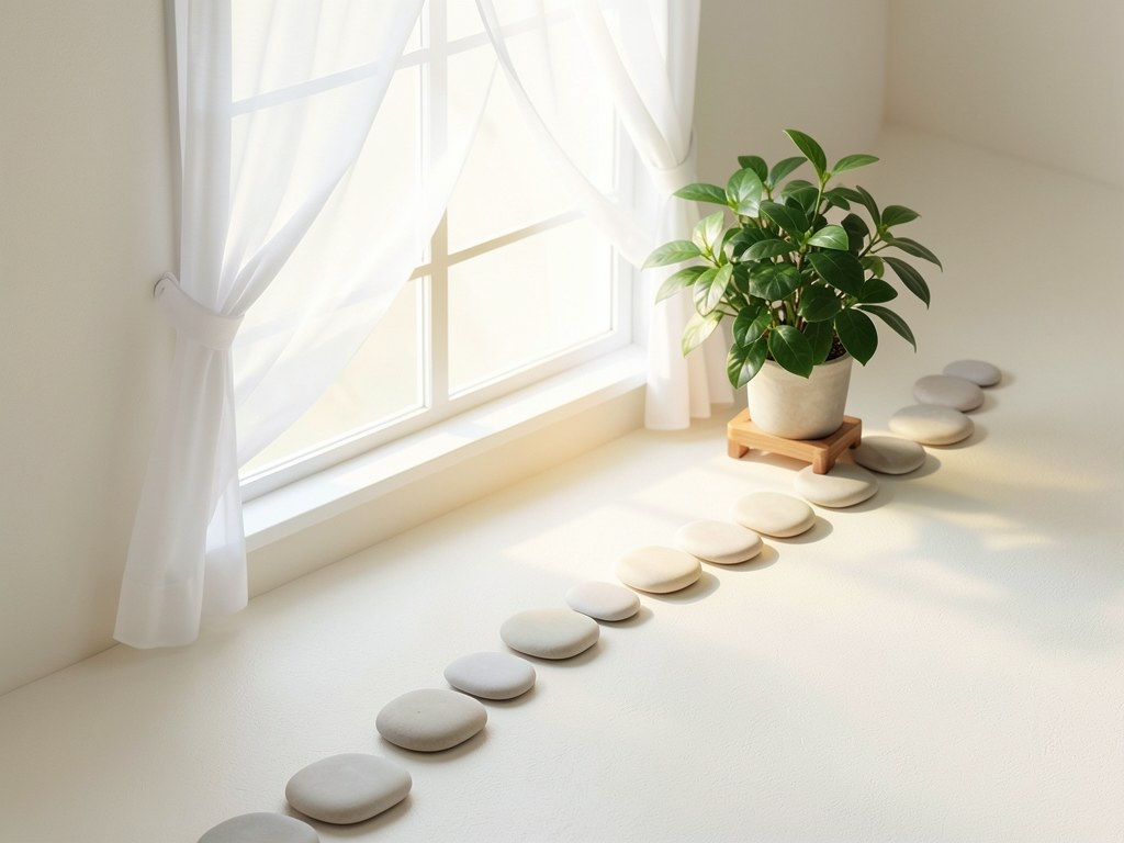 A branching path made of small, smooth stones leading to a bright, open area with a small potted plant and a sunlit window, symbolizing better financial choices.