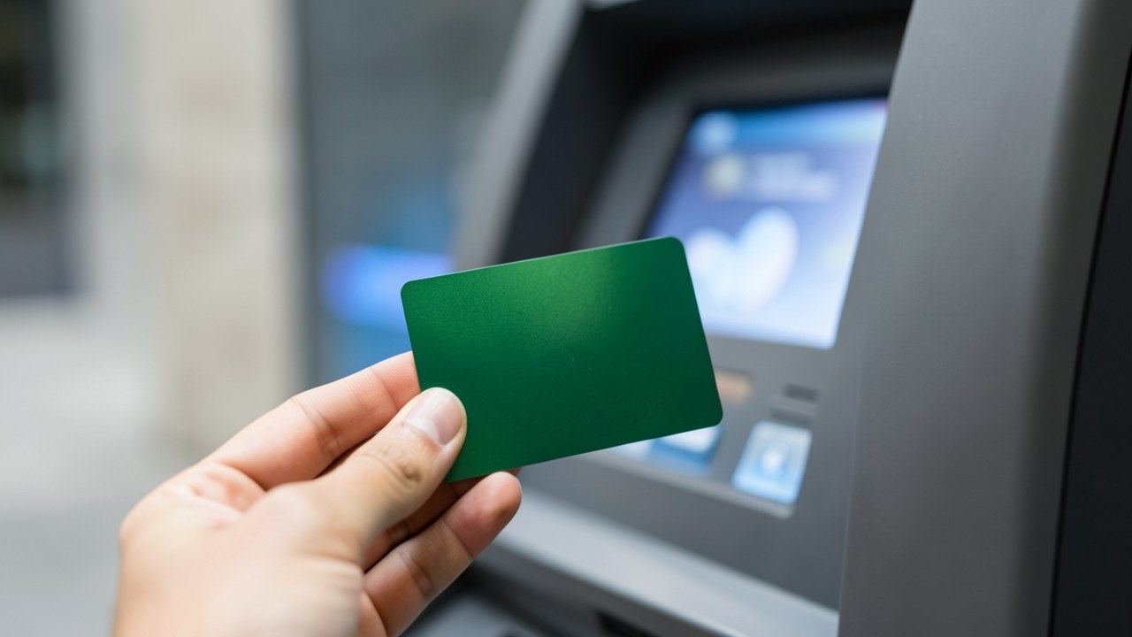 A close-up of a hand holding a credit card near an ATM machine, with a soft-focus background, representing a credit card cash advance transaction.