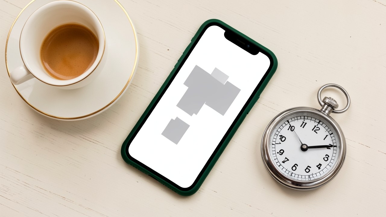 A dynamic still life with a smartphone showing a blank transfer screen, a cup of coffee, and a stopwatch, representing the speed of a same-day cash advance.