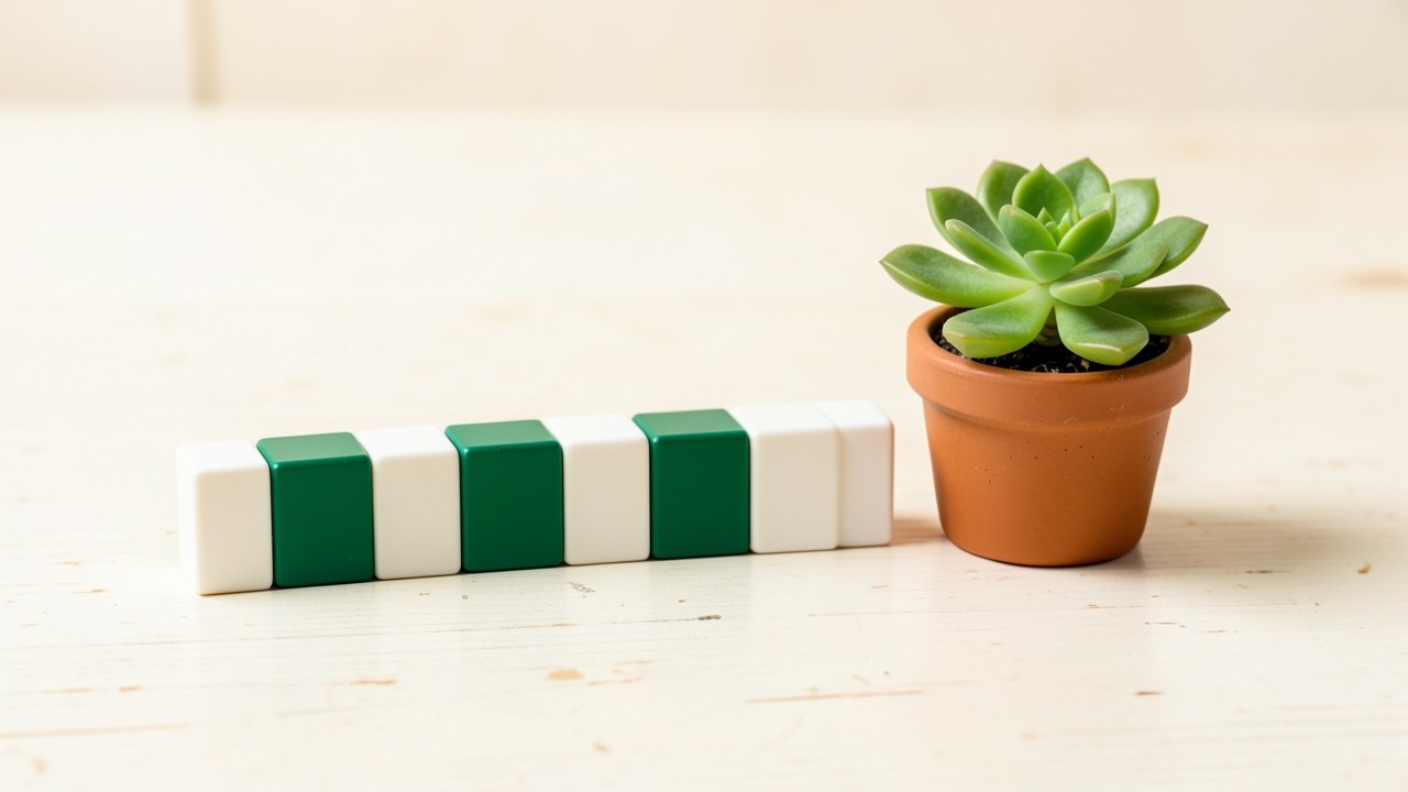 A series of small, equal-sized blocks arranged in a row on a clean desk, with a small plant at the end, symbolizing fixed installment payments.