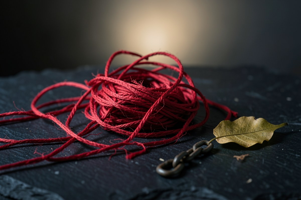 A tangled mess of red string and a broken chain on a dark surface, with a few leaves falling, representing the dangers of debt traps, but with a hint of hope from a distant light.
