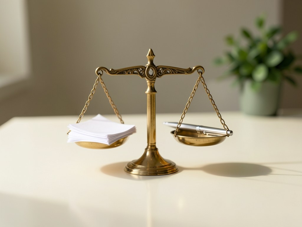 A balanced scale on a table, with a stack of documents and a pen, symbolizing fairness and legal rights for borrowers.