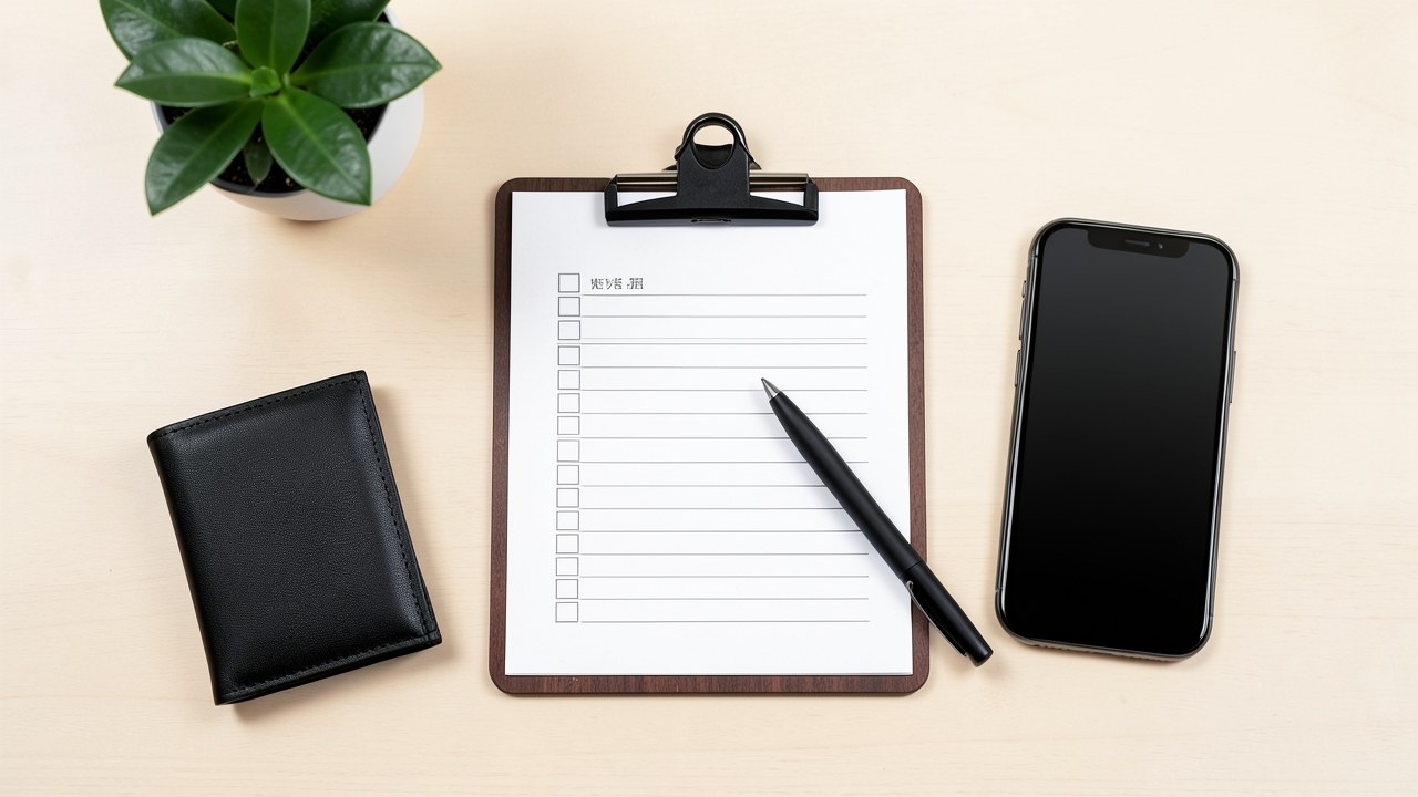 A clean desk with a checklist, a pen, a phone, and a wallet, representing the application process for a cash advance, with a clear, structured layout.
