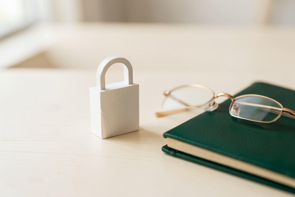 An abstract representation of privacy: a lock icon made of paper, a pair of glasses, and a closed book, on a clean desk, with a soft-focus background.