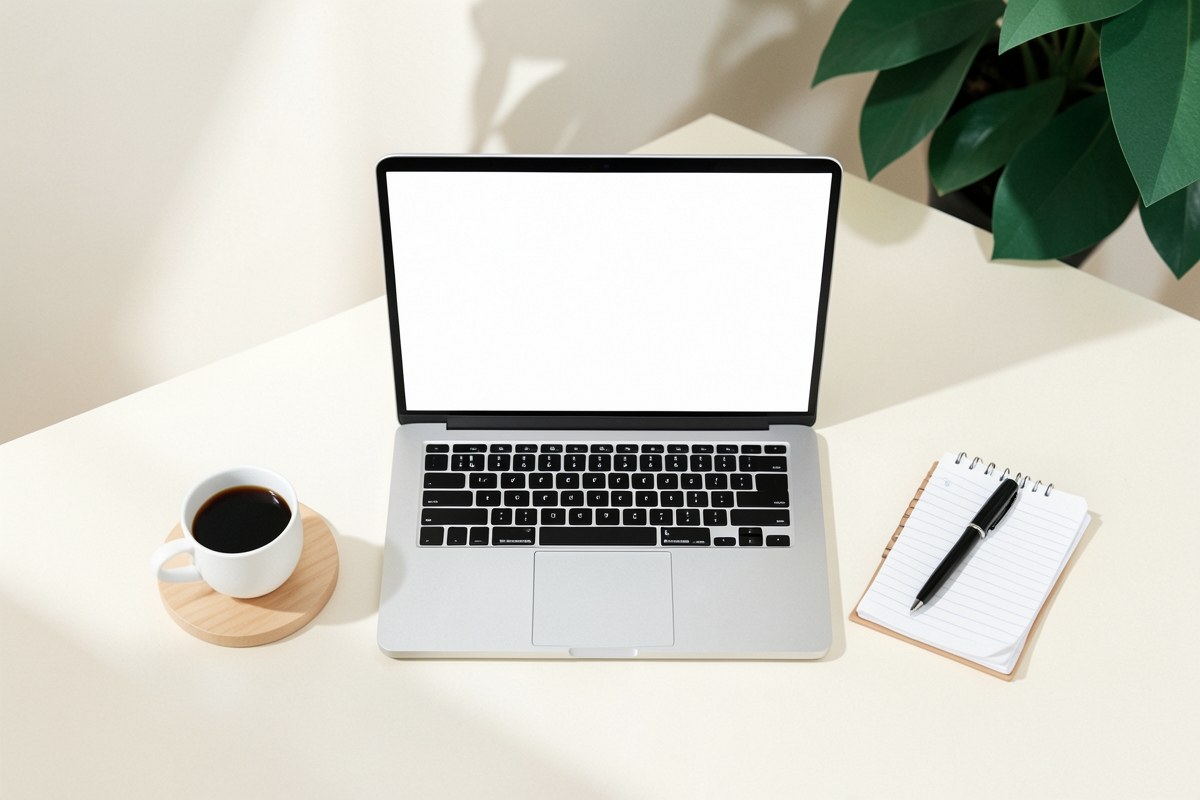 A minimalist desk setup with a laptop, a cup of coffee, and a small notepad, representing a transparent and open workspace, with a soft, airy background.