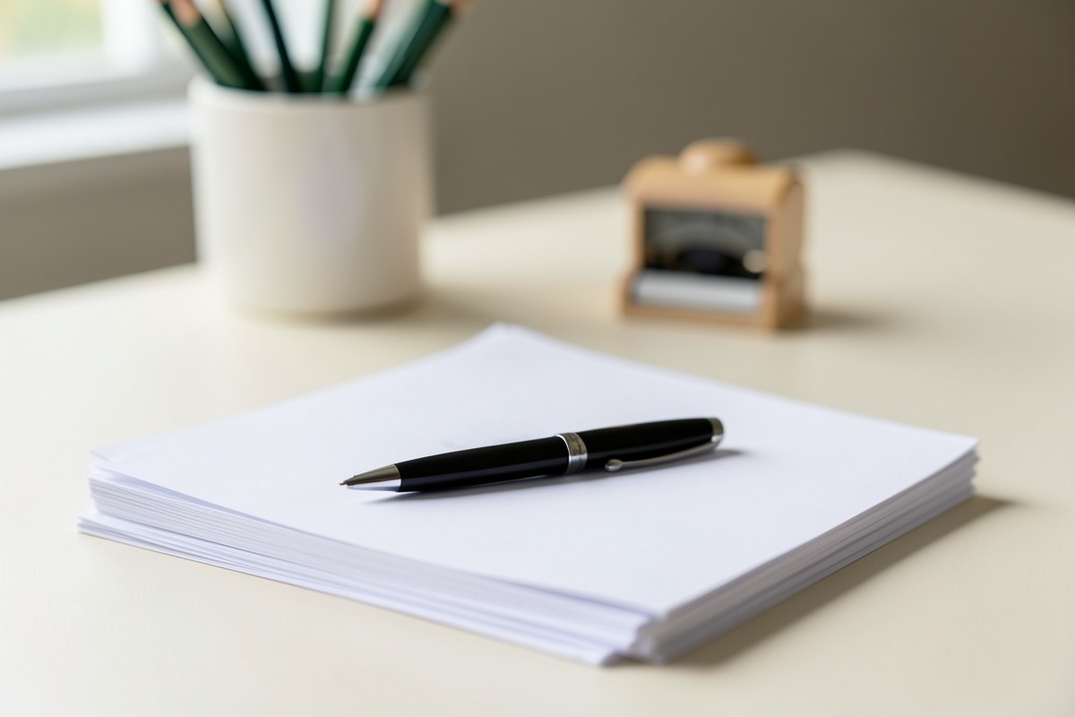 A close-up of a stack of well-organized documents with a pen and a small stamp, symbolizing editorial standards and fact-checking, on a clean desk.
