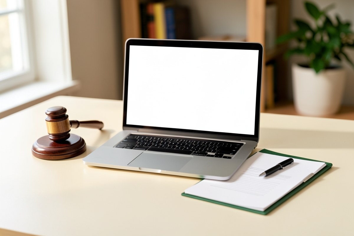 A neatly organized desk with a laptop, a document with a pen, and a small gavel, representing the formal terms and conditions of using a website.