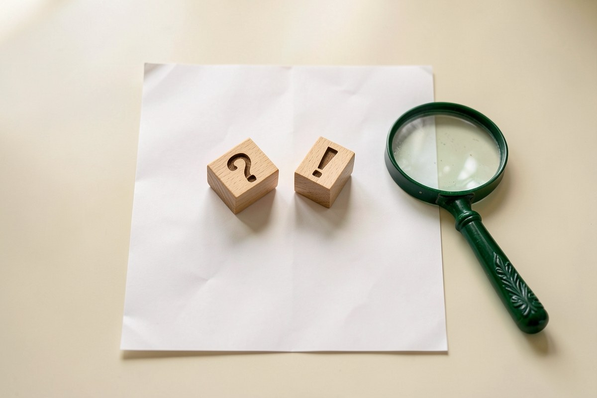 A conceptual image of a blank sheet of paper with a large question mark and an exclamation mark, with a magnifying glass, symbolizing caution and the need for verification.